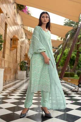 Sea Green Embroidered Muslin Silk Straight Suit Free size full stitched Up To 42" Size 1