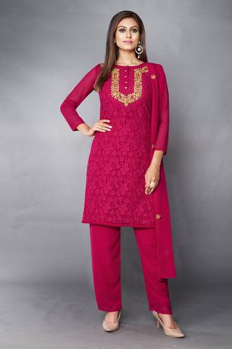 Pink Thread Georgette Stitched Straight Suit Free size full stitched Up To 42" Size