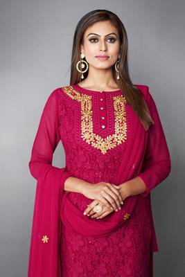 Pink Thread Georgette Stitched Straight Suit Free size full stitched Up To 42" Size 2