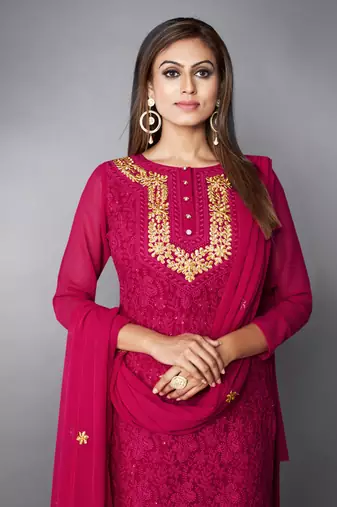 Pink Thread Georgette Stitched Straight Suit Free size full stitched Up To 42" Size
