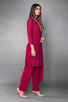 Pink Thread Georgette Stitched Straight Suit Free size full stitched Up To 42" Size 3