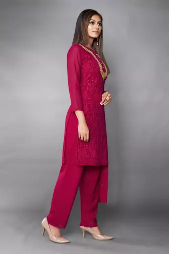 Pink Thread Georgette Stitched Straight Suit Free size full stitched Up To 42" Size