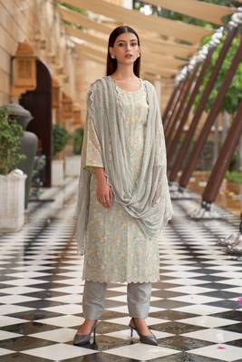 Grey Embroidered Muslin Silk  Straight Suit Free size full stitched Up To 42" Size 1