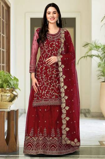 Maroon Embroided Work Net Straight Salwar Suit with Dupatta for Women