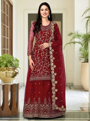 Trendmalls Maroon Embroided Work Net Straight Salwar Suit with Dupatta for Women 1
