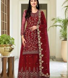 Maroon Embroided Work Net Straight Salwar Suit with Dupatta for Women