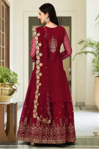 Trendmalls Maroon Embroided Work Net Straight Salwar Suit with Dupatta for Women