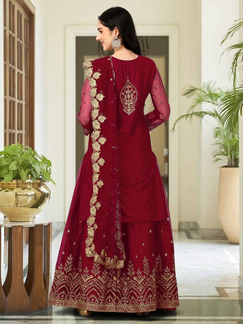 Maroon Embroided Work Net Straight Salwar Suit with Dupatta for Women