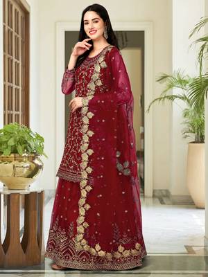 Trendmalls Maroon Embroided Work Net Straight Salwar Suit with Dupatta for Women 3