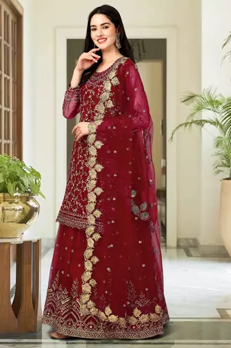 Trendmalls Maroon Embroided Work Net Straight Salwar Suit with Dupatta for Women