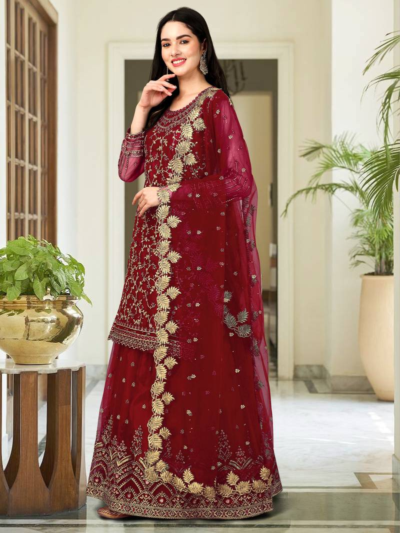 Maroon Embroided Work Net Straight Salwar Suit with Dupatta for Women