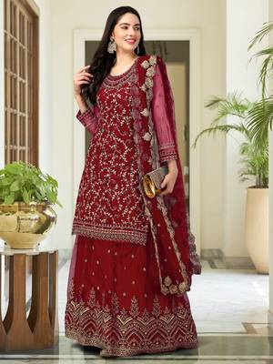 Trendmalls Maroon Embroided Work Net Straight Salwar Suit with Dupatta for Women 4