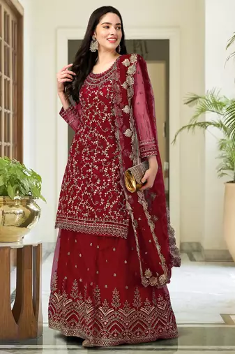 Trendmalls Maroon Embroided Work Net Straight Salwar Suit with Dupatta for Women