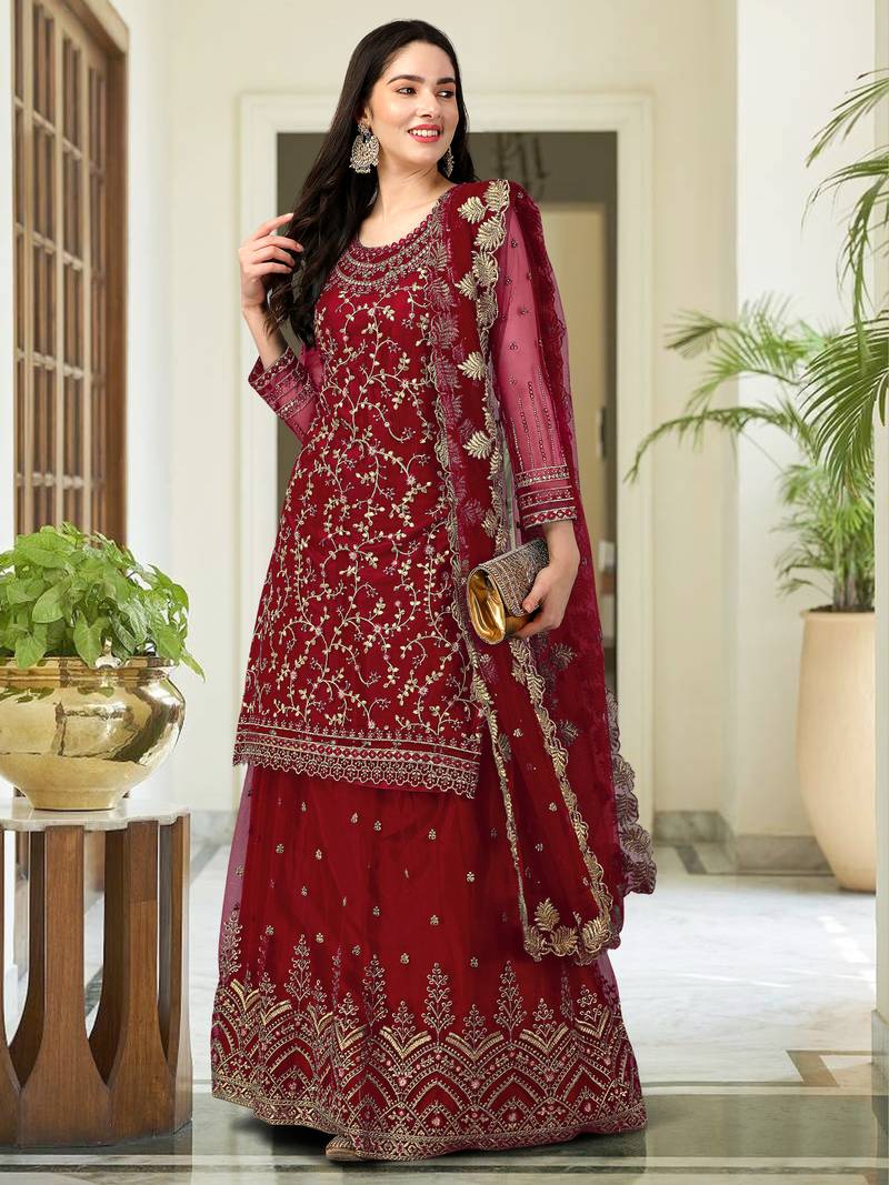 Maroon Embroided Work Net Straight Salwar Suit with Dupatta for Women
