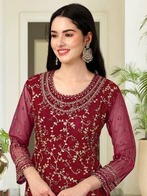 Trendmalls Maroon Embroided Work Net Straight Salwar Suit with Dupatta for Women 5