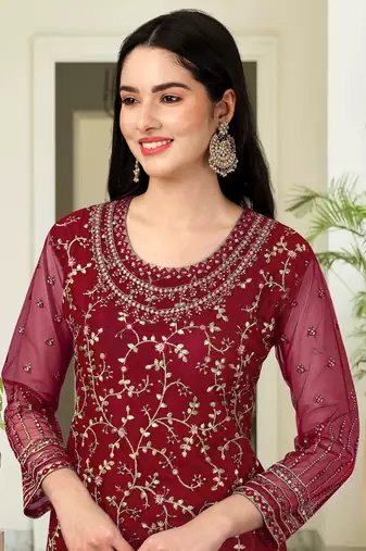 Trendmalls Maroon Embroided Work Net Straight Salwar Suit with Dupatta for Women