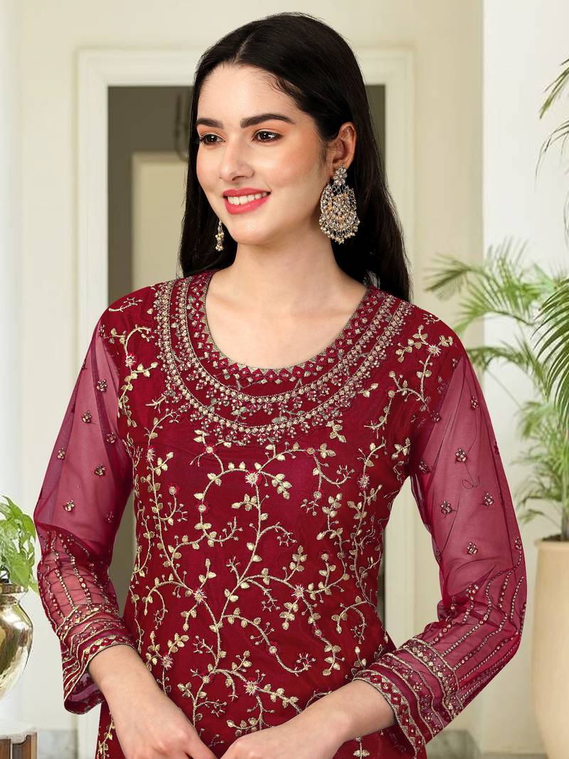 Maroon Embroided Work Net Straight Salwar Suit with Dupatta for Women