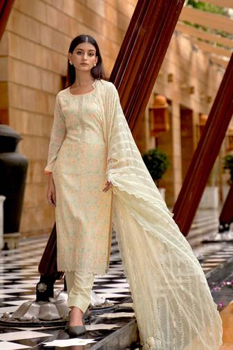Cream Embroidered Muslin Silk Semi Stitched Straight Suit Up To 42" Size
