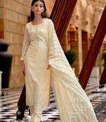 Cream Embroidered Muslin Silk Semi Stitched Straight Suit Up To 42" Size