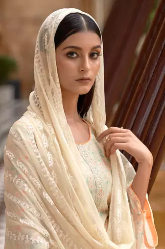 Cream Embroidered Muslin Silk Semi Stitched Straight Suit Up To 42" Size