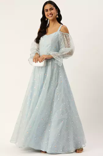 Ethnovog ready to wear light blue embroidered organza gown