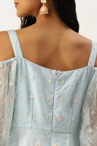 Ethnovog ready to wear light blue embroidered organza gown