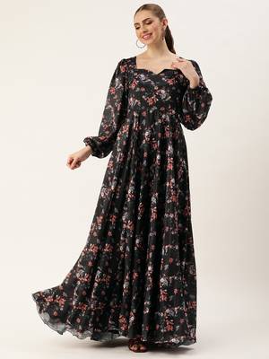 Ethnovog ready to wear black chinon digital printed gown 1