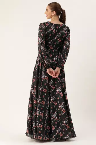 Ethnovog ready to wear black chinon digital printed gown