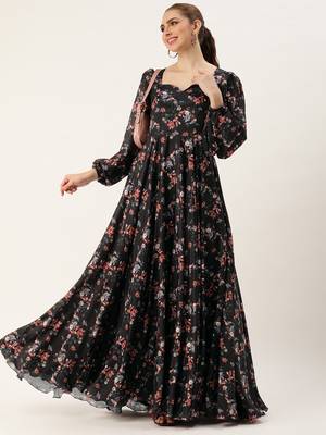 Ethnovog ready to wear black chinon digital printed gown 3