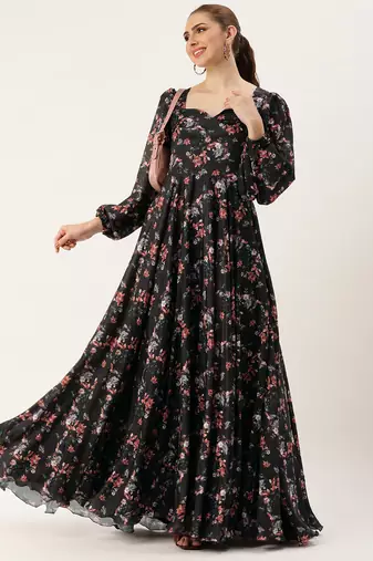 Ethnovog ready to wear black chinon digital printed gown