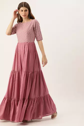 Ethnovog ready to wear mauve embroidered art silk tiered gown