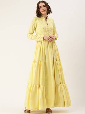 Ethnovog ready to wear yellow embroidered art silk gown 1