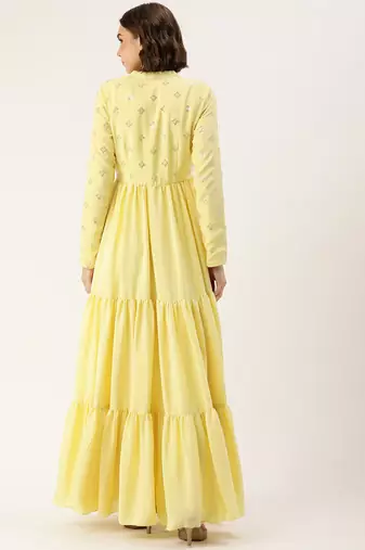 Ethnovog ready to wear yellow embroidered art silk gown