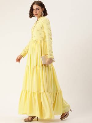 Ethnovog ready to wear yellow embroidered art silk gown 3