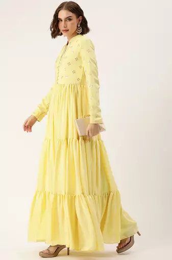 Ethnovog ready to wear yellow embroidered art silk gown
