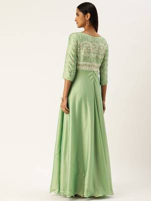 Ethnovog ready to wear green art silk embroidered patch style gown 2