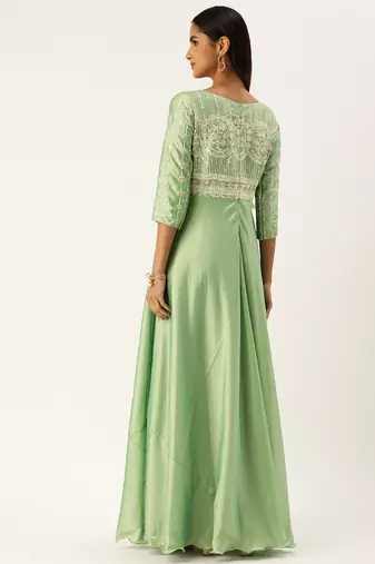 Ethnovog ready to wear green art silk embroidered patch style gown