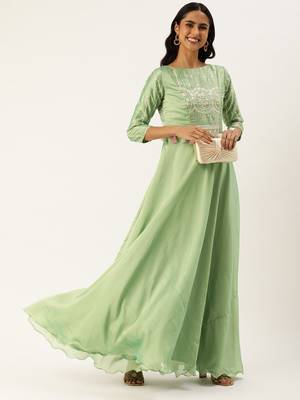 Ethnovog ready to wear green art silk embroidered patch style gown 3
