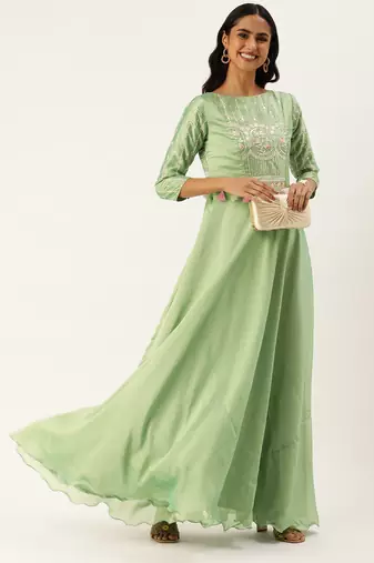 Ethnovog ready to wear green art silk embroidered patch style gown