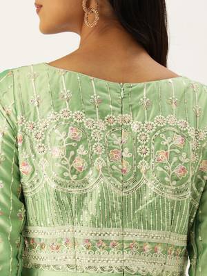 Ethnovog ready to wear green art silk embroidered patch style gown 4