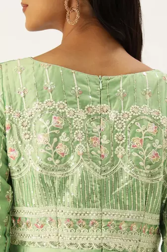 Ethnovog ready to wear green art silk embroidered patch style gown