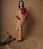 Huts And Looms Yellow Handloom Cotton Silk Saree With Scallop Border Without Blouse