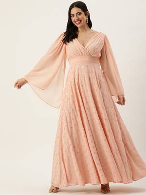 Ethnovog ready to wear peach embroidered georgette overlapped gown 1