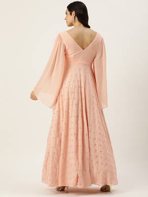 Ethnovog ready to wear peach embroidered georgette overlapped gown 2