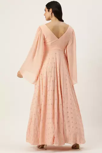 Ethnovog ready to wear peach embroidered georgette overlapped gown