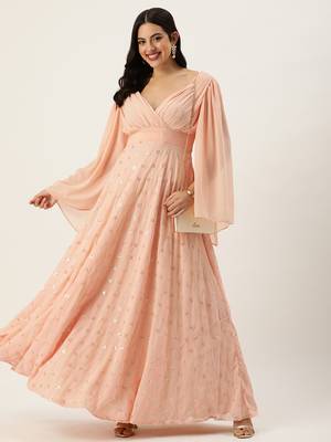Ethnovog ready to wear peach embroidered georgette overlapped gown 3