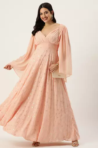 Ethnovog ready to wear peach embroidered georgette overlapped gown