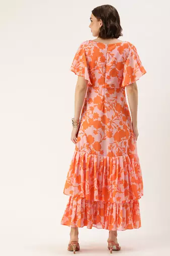 Ethnovog ready to wear pink n orange georgette digital printed gown