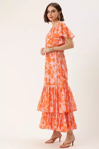 Ethnovog ready to wear pink n orange georgette digital printed gown