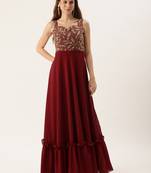 Ethnovog ready to wear beige embroidered net n maroon georgette gown